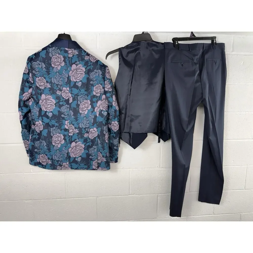Pietro Scarlatti Mens Suit 3pc US 44 EU 54 Floral Blazer Vest Pants Blue T2